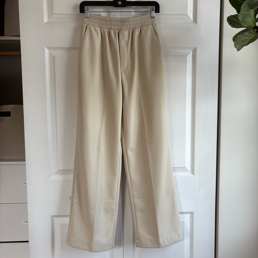 Steve Madden Gilda Pants Bone‎ Cream Trousers Faux Leather Wide Leg XS